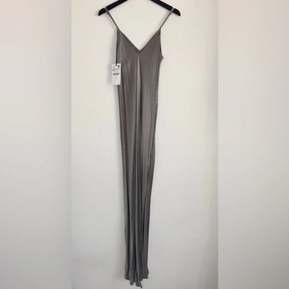 Zara Ruched Slip Dress Midi Satin Feel Size XS Grey Cocktail Party - Picture 3 of 10